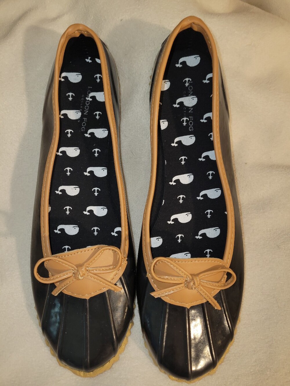 London Fog Classic Black Webster Slip-on Duck Ballet Rain Shoes Women's 10M NWOT